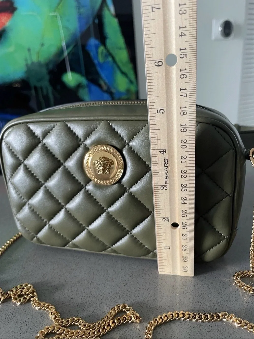 Versace Quilted Olive Green Leather Crossbody with Gold Medallion